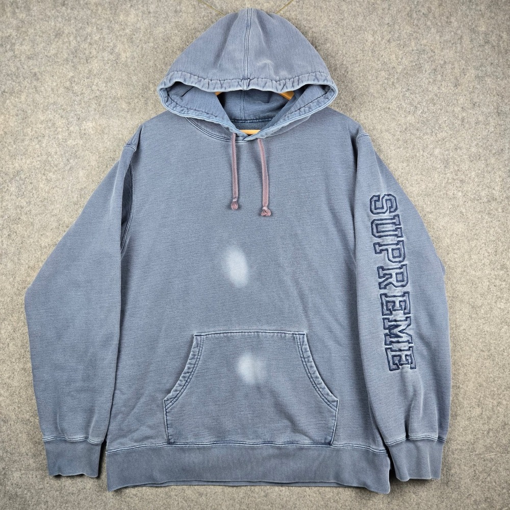 Supreme Hoodie Mens L Blue Pigment Dyed Sleeve Logo Skater Streetwear Pullover